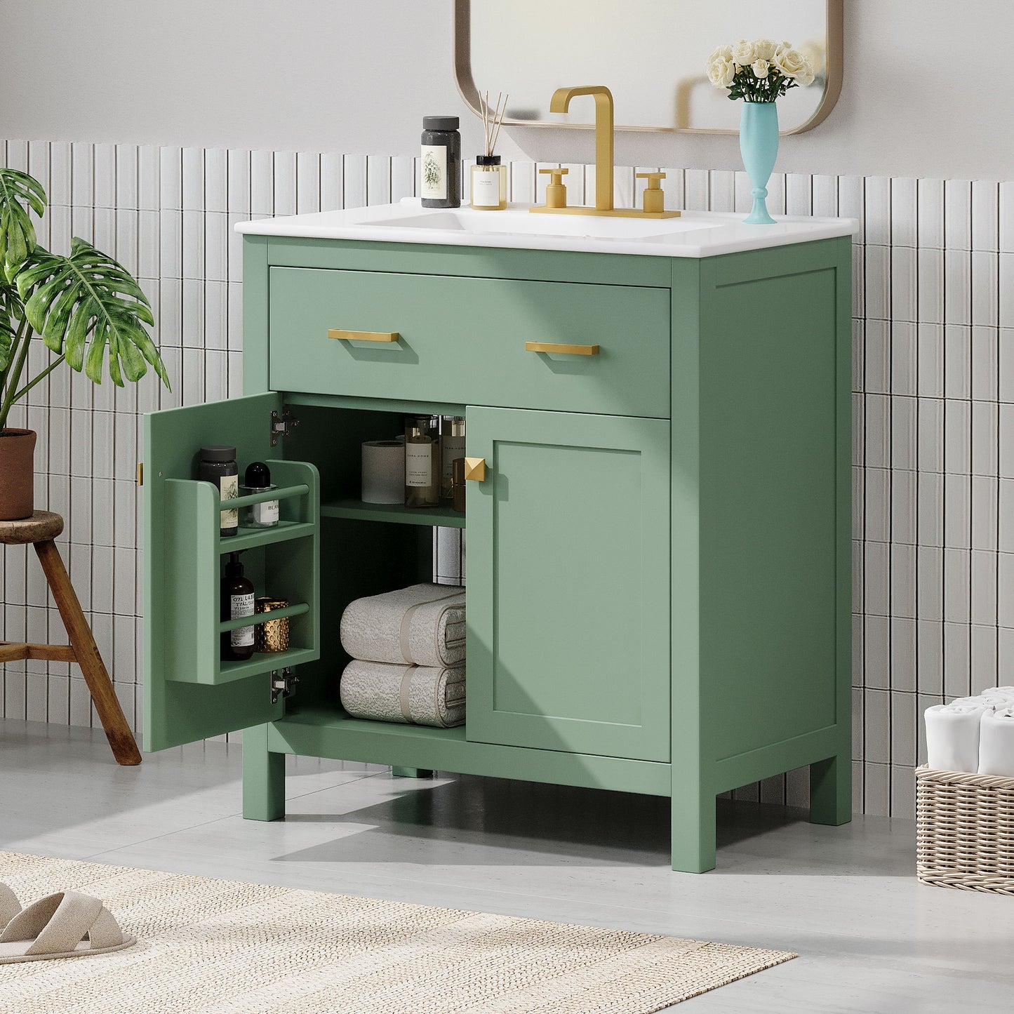Bathroom Vanity With Ceramic Sink, Modern Single Bathroom Cabinet With 2 Doors And A Shelf, Soft Close Doors - Green