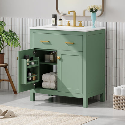 Bathroom Vanity With Ceramic Sink, Modern Single Bathroom Cabinet With 2 Doors And A Shelf, Soft Close Doors - Green