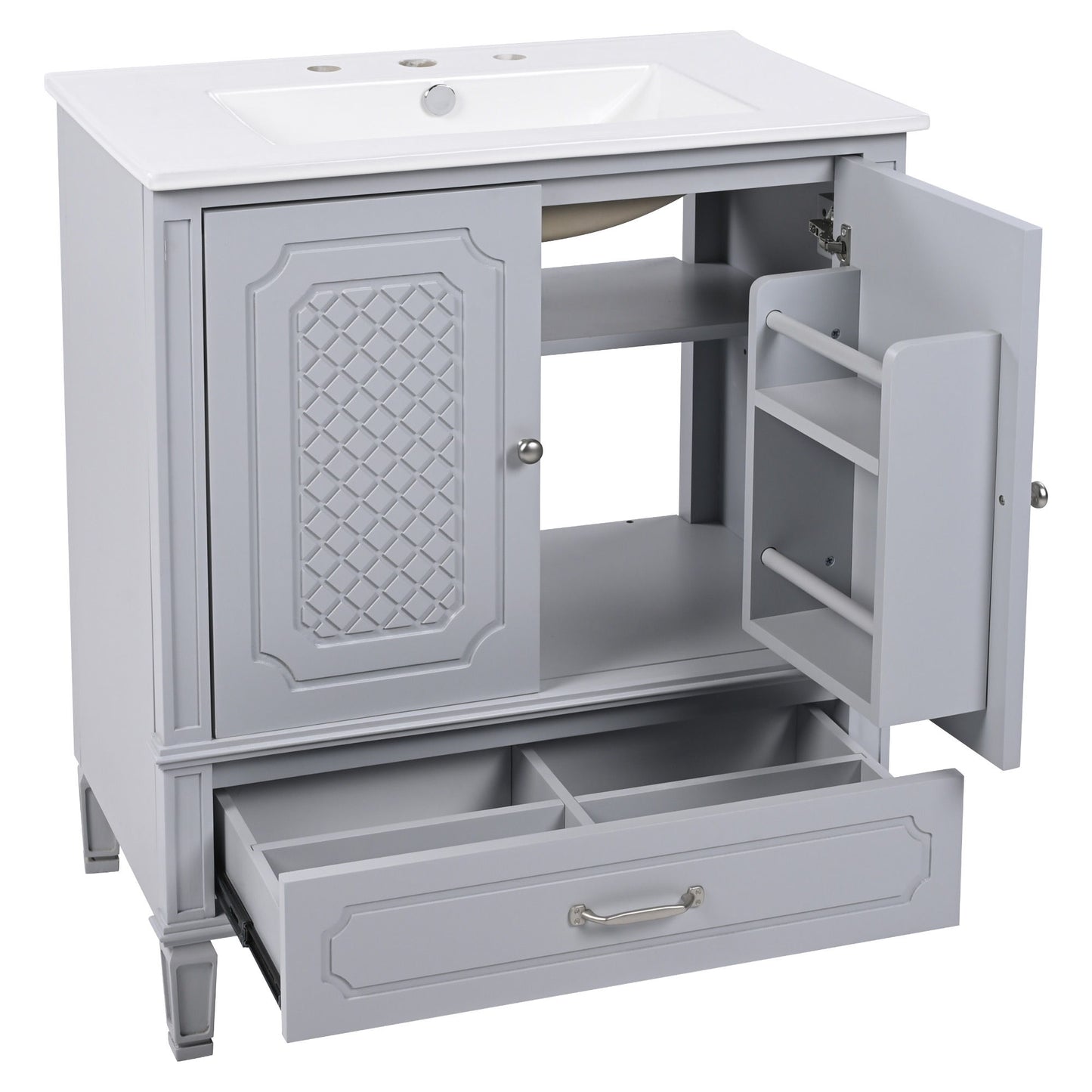 Vintage Style 30" Bathroom Vanity With Sink, Multi Functional Storage, Soft Closing Door - Gray
