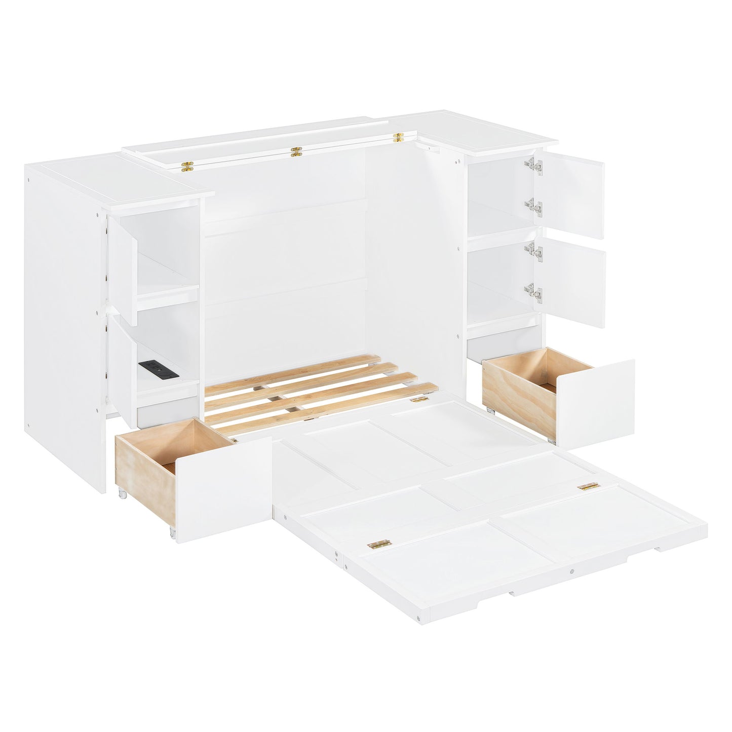 Twin Size Murphy Bed With Drawers, Cabinets, And USB Ports - White
