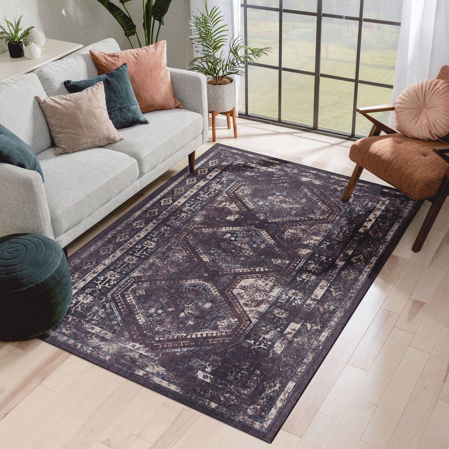 Maval - 3' X 5' Washable Area Rug - Black / Burgundy