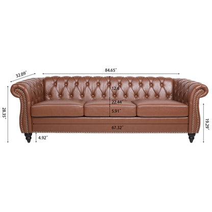 Rolled Arm Chesterfield Three Seater Sofa - Brown
