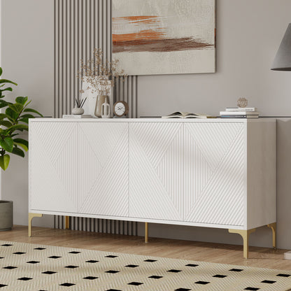 Modern Wood Sideboard Cabinet With Carved Door Panels, Adjustable Shelves, And Sturdy Metal Legs - White