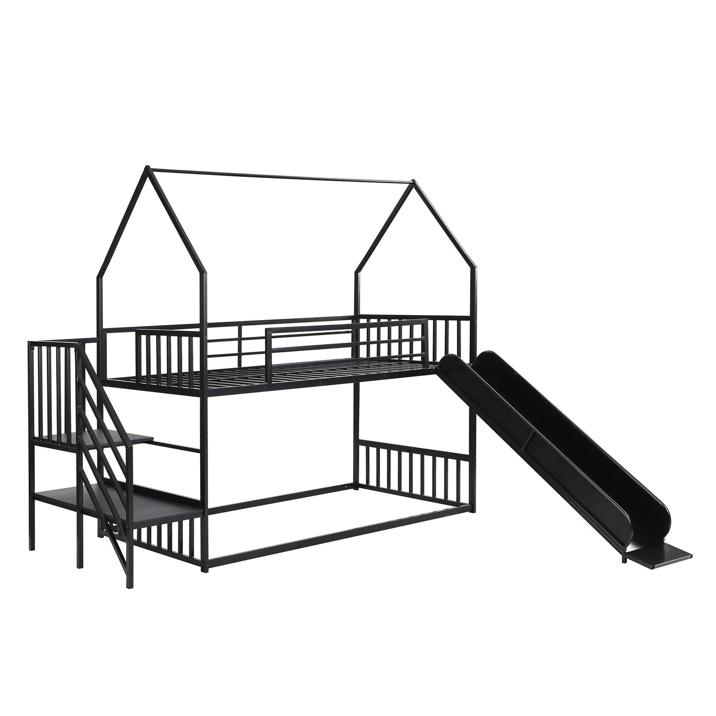 Twin Size Metal Bunk Bed House Bed With Slide And Staircase - Black
