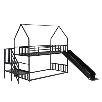 Twin Size Metal Bunk Bed House Bed With Slide And Staircase - Black