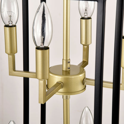 8 Light Metal Lantern Tiered Pendant Hanging Light Fixtures, Industrial Farmhouse Adjustable Height Chandeliers For Dining Room Hallway Foyer Entryway (E12 Bulbs Not Included) - Matte Black / Gold