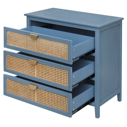 3 Drawer Cabinet Natural Rattan Suitable For Bedroom - Blue