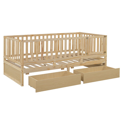 Twin Size Daybed With Fence Guardrails And 2 Drawers, Versatile Split Floor Bed & Daybed - Natural