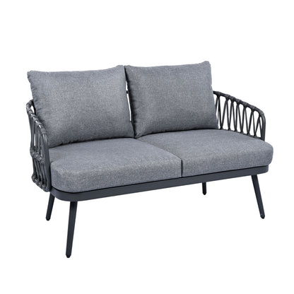 4 Piece Outdoor Patio Furniture Set, Metal Chairs With Woven Rope U Shaped Backrest, Outdoor Conversation Set With Thick Cushions And Coffee Table For Garden, Poolside, Balcony - Black / Gray