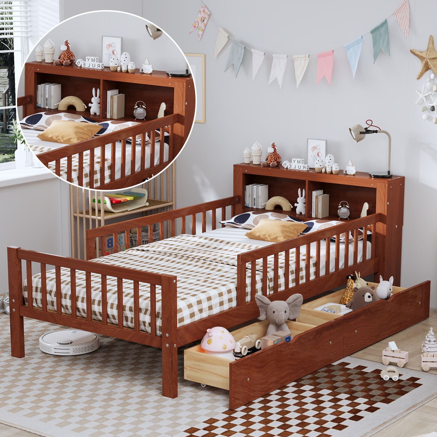 Twin Size Bed With Headboard Storage Rack, 2 Under Bed Drawers, 3 - Side Guardrails For Safety And Security - Walnut
