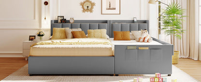 Queen & Twin Long Size Upholstered Platform Bed, Mother & Child Bed With Hydraulic Storage System, Drawer Box, Bedhead Storage Shelf And 2 Pairs Of Sockets & USB Ports - Gray