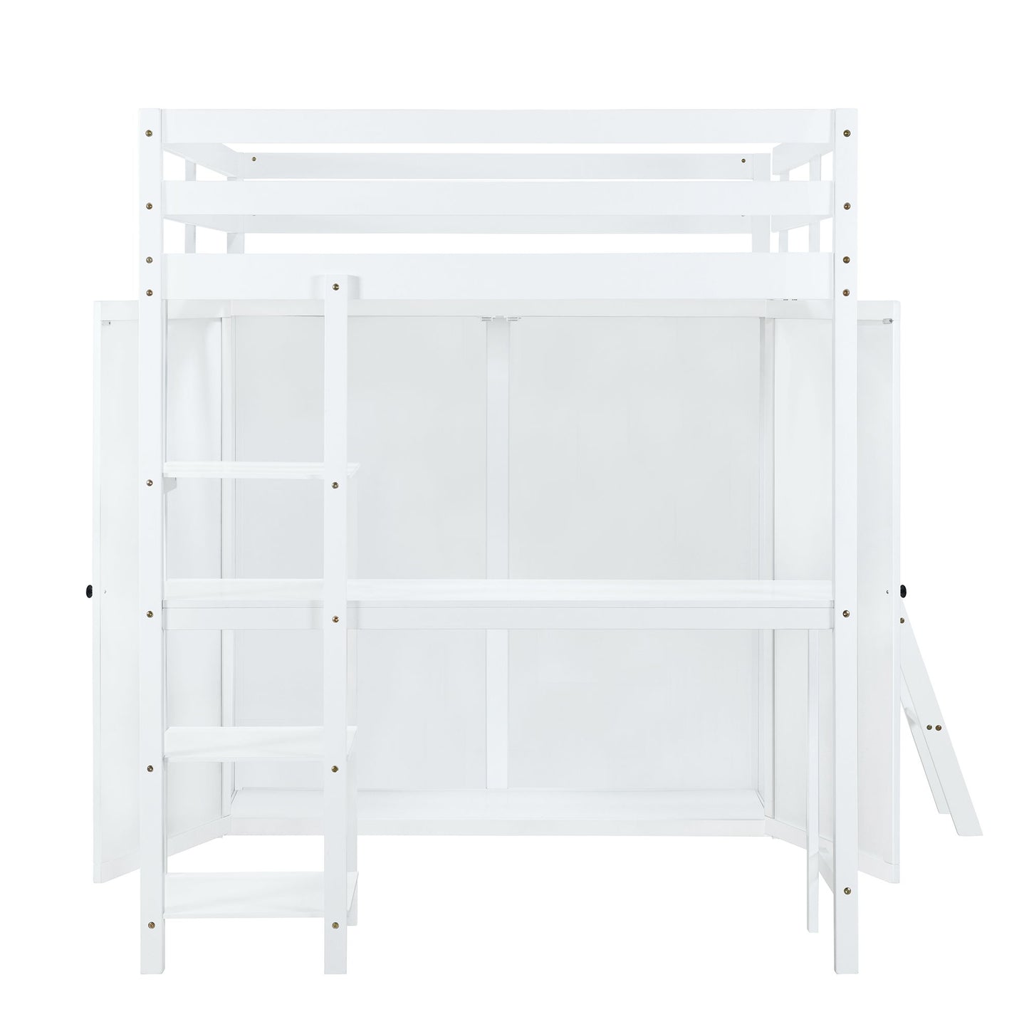 Full Size Loft Bed With Wardrobe And Desk And Shelves - White