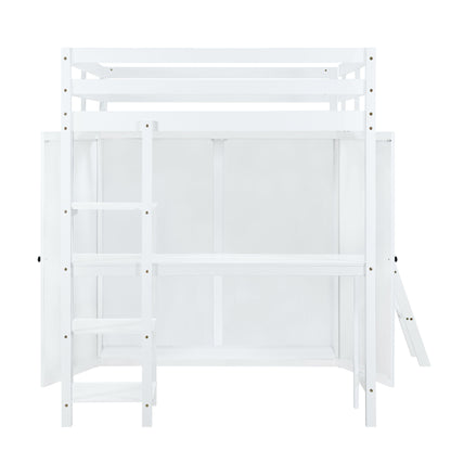 Full Size Loft Bed With Wardrobe And Desk And Shelves - White