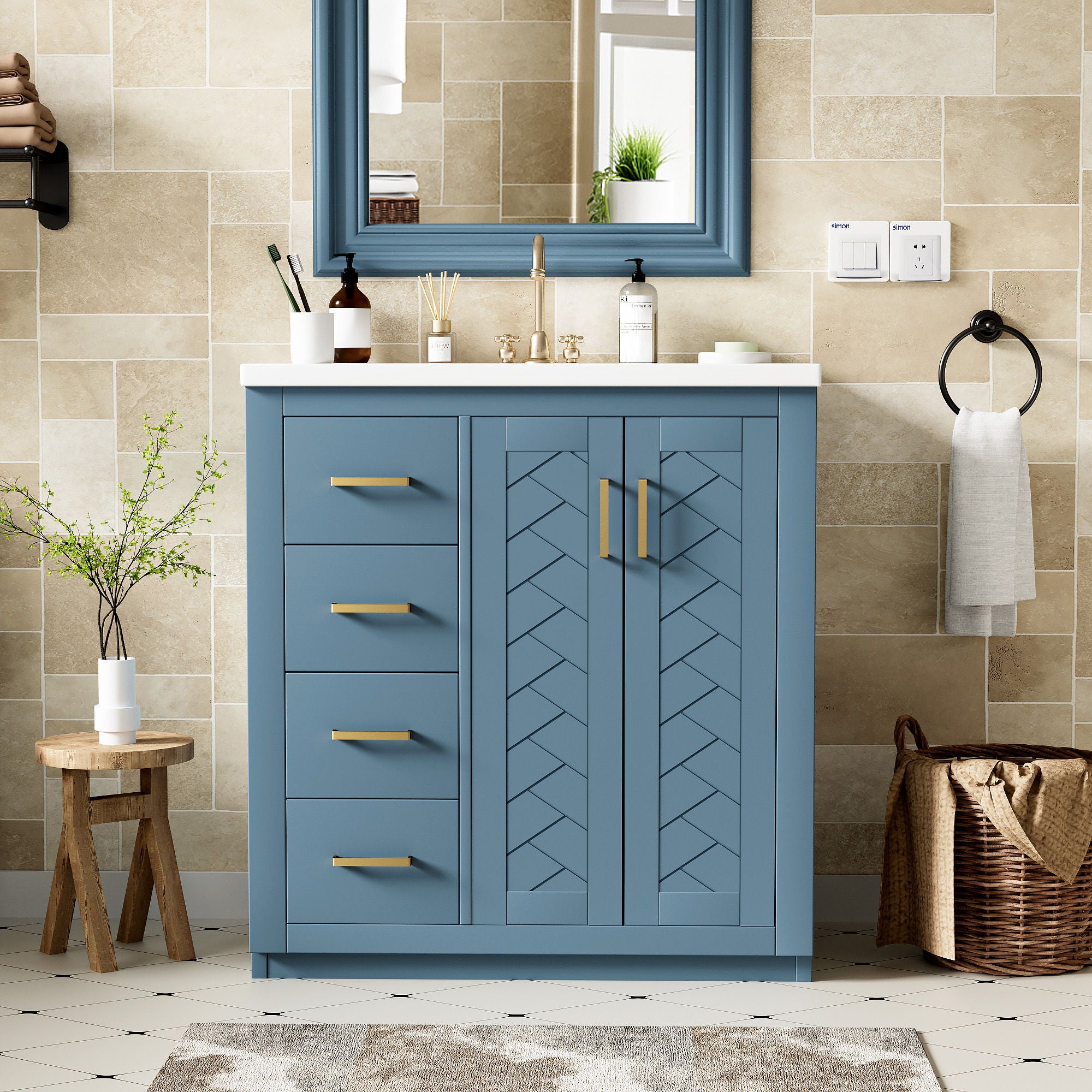 Bathroom Vanity With Ceramic Sink Combo, Frame Bathroom Storage Cabinet, Freestanding Vanity Set With 3 Drawers & Soft Closing Doors - Indigo
