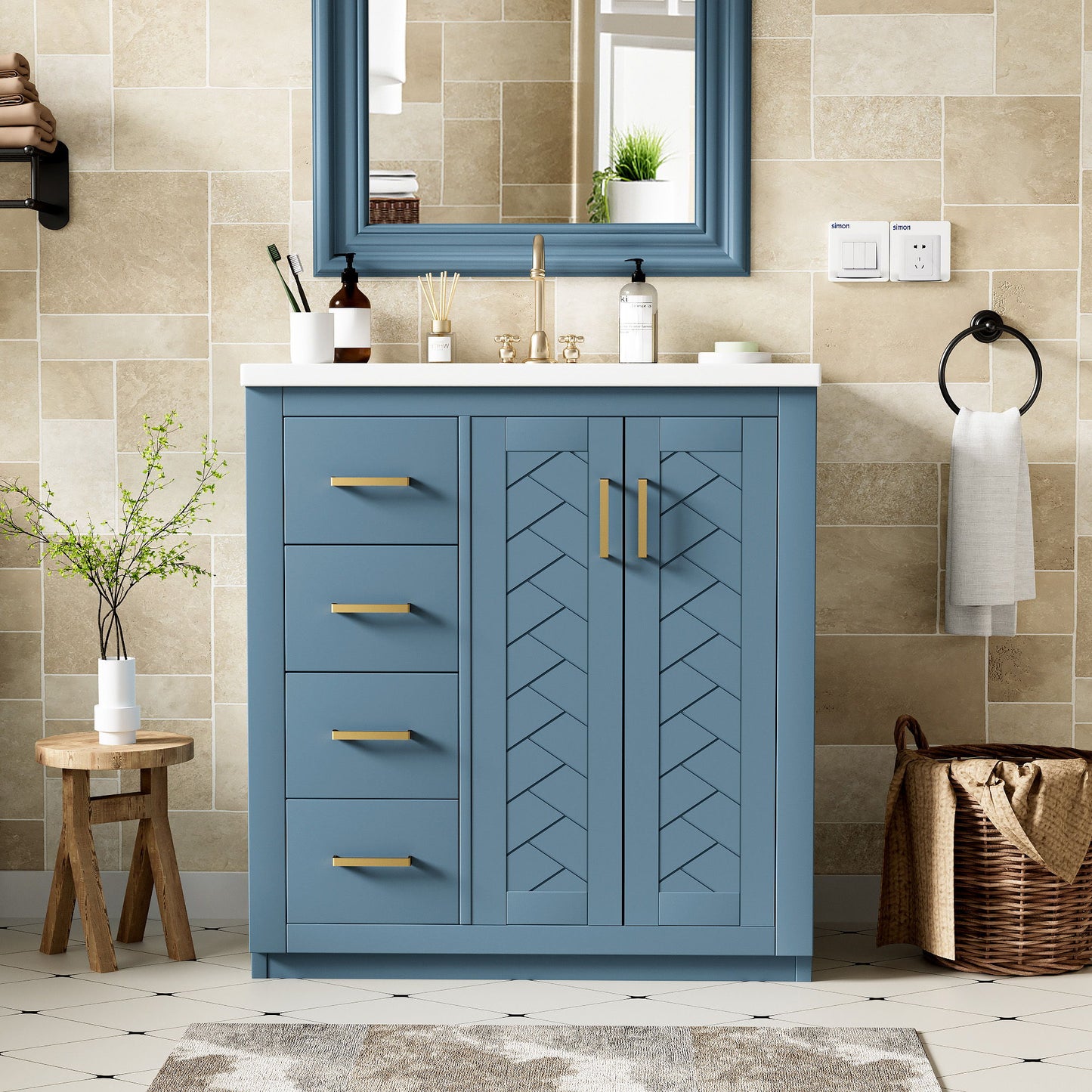 Bathroom Vanity With Ceramic Sink Combo, Frame Bathroom Storage Cabinet, Freestanding Vanity Set With 3 Drawers & Soft Closing Doors - Indigo