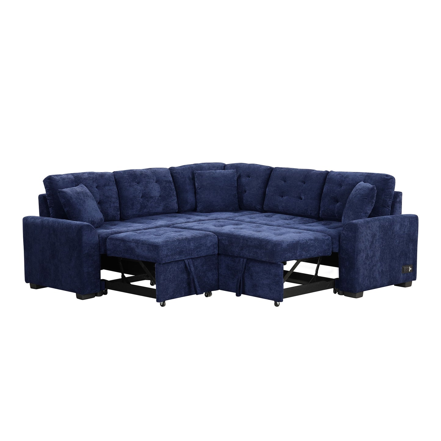 L-Shape Sofa Bed Pull-Out Sleeper Sofa With Wheels, USB Ports, Power Sockets For Living Room - Navy Blue