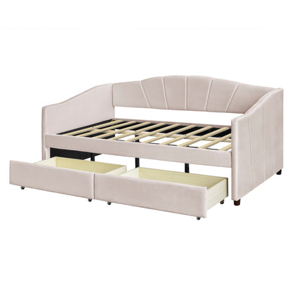 Twin Size Upholstered Daybed With Two Drawers And Slat - Beige