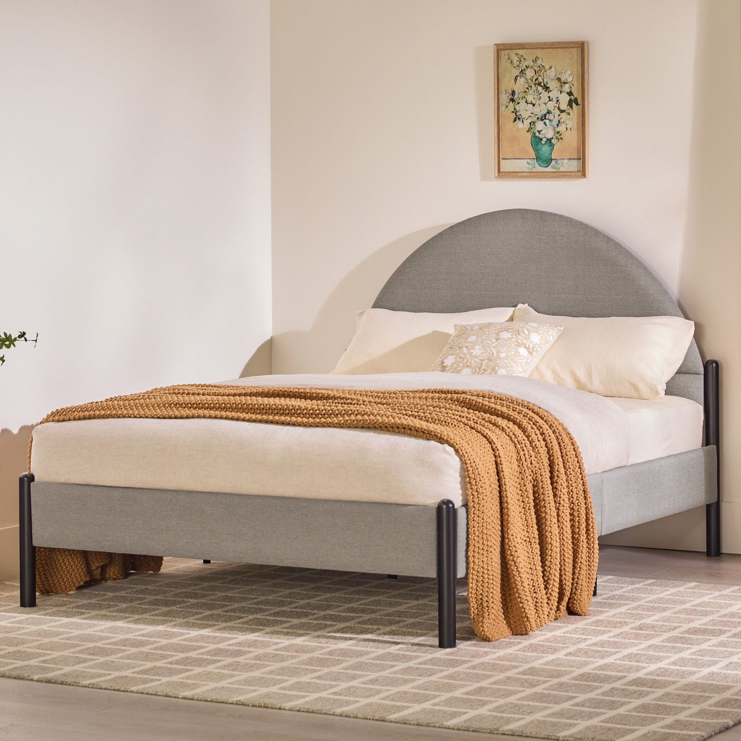 Queen Bed Frame Modern Upholstered Curved Headboard - Gray
