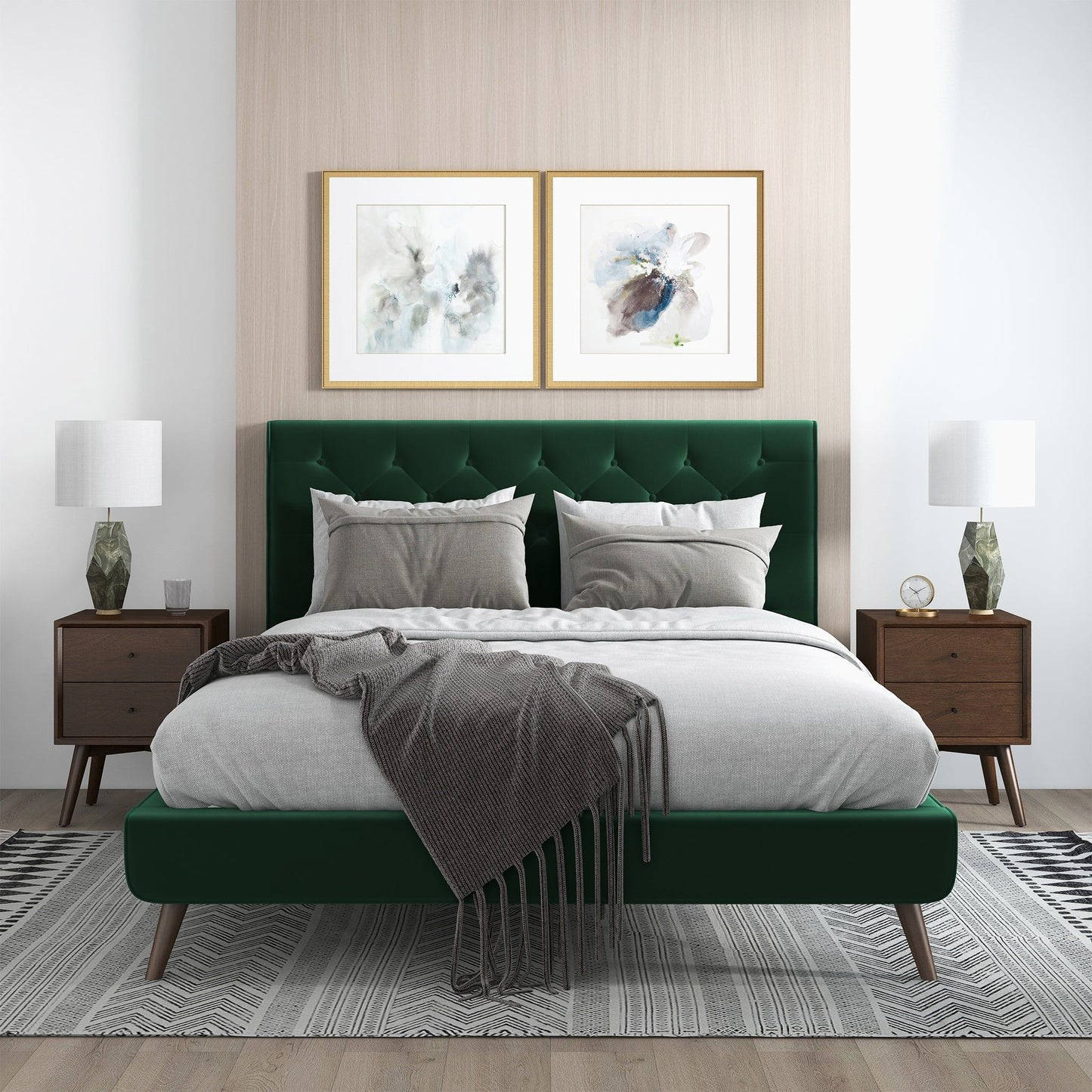 Dillon - Velvet Platform Bed Queen Size - Green