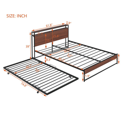 Queen Size Platform Bed Frame With Trundle, USB Ports And Slat Support, No Box Spring Needed - Black