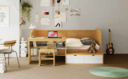 Twin Size Daybed With Storage Shelves And Lockers, Multi Functional Bed With Study Desk And Matching Stool - Natural