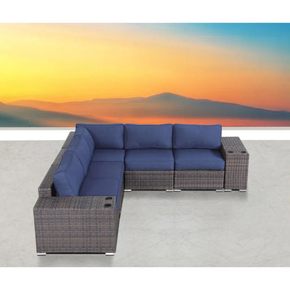 Rattan Wicker 4 Person Seating Group With Cushions Stylish & Comfortable Outdoor Lounge Set - Brown / Navy Blue