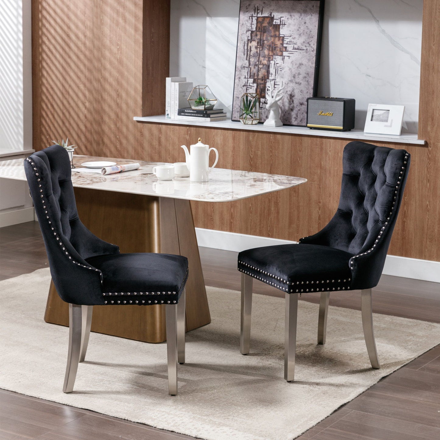 Nikki - Modern, High-End Tufted Solid Wood Contemporary Velvet Upholstered Dining Chair With Chrome Stainless Steel Plating Legs, Nailhead Trim (Set of 2) - Black / Chrome