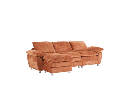 Modern Deep 3 Seat Sofa Couch With Ottoman, Polyester Sofa Sleeper Comfy Upholstered Furniture For Living Room - Orange