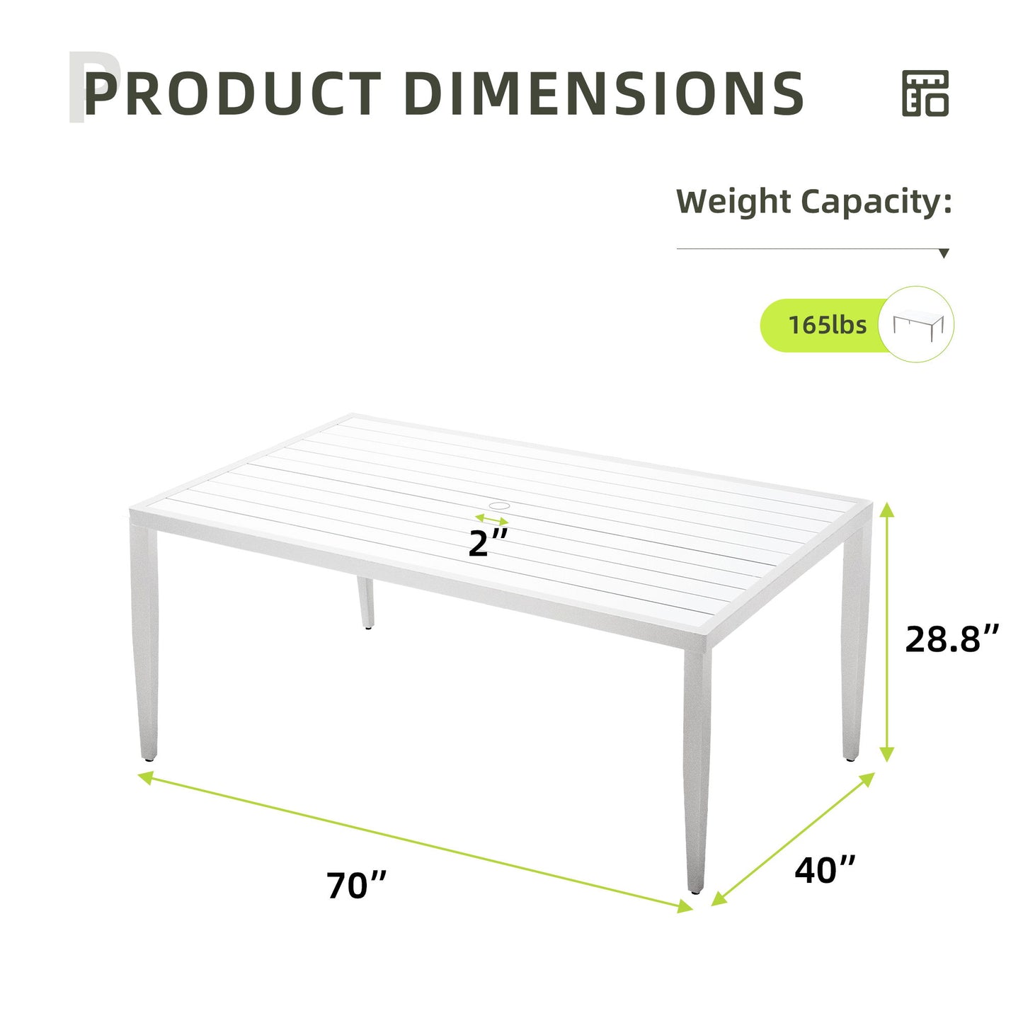Outdoor Patio 2 Tone Table Top Rectangle Dining Table With Tapered Feet & Umbrella Hole - Matte White / Grayish