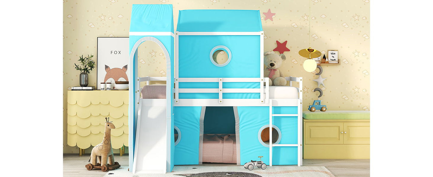 Twin Size Loft Bed With Slide Blue Tent And Tower - Blue