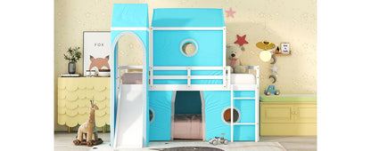 Twin Size Loft Bed With Slide Blue Tent And Tower - Blue