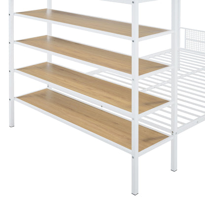 Twin Over Full Bunk Bed With 5 Tier Shelves - White