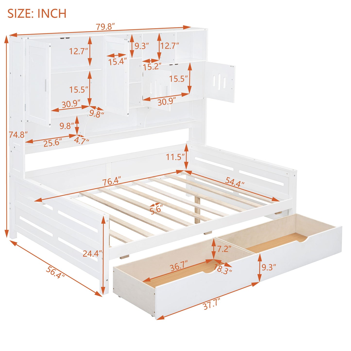 Full Size Daybed With 2 Drawers And All In One Cabinet And Shelf - White