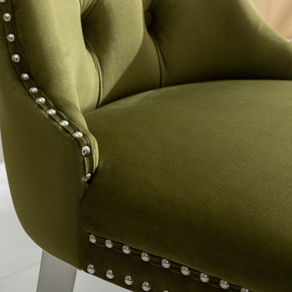 Nikki - Modern, High-End Tufted Solid Wood Contemporary Velvet Upholstered Dining Chair With Chrome Stainless Steel Plating Legs, Nailhead Trim (Set of 2) - Olive Green / Chrome