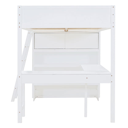 Full Size Loft Bed With Desk And Storage Shelves - White