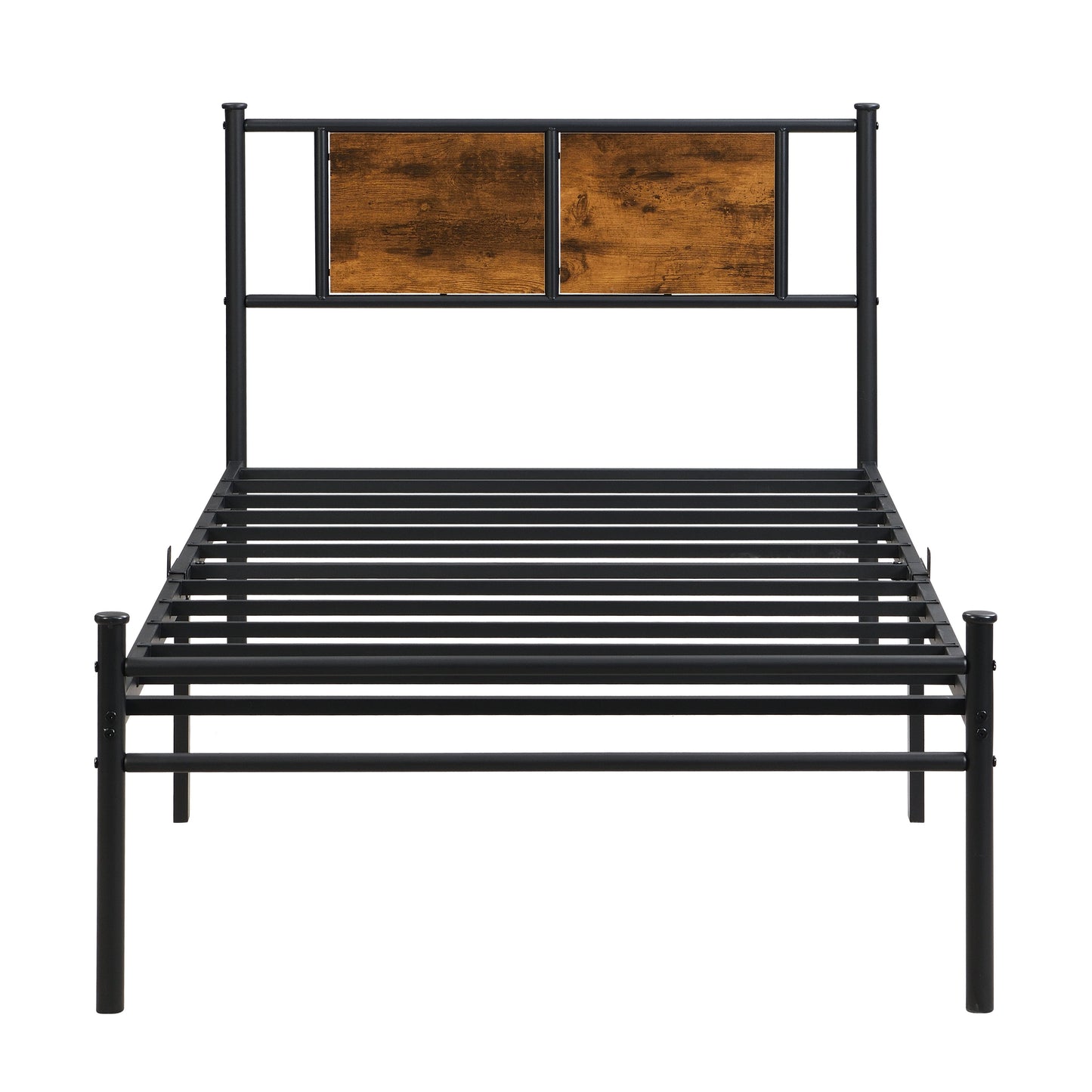 Modern Twin Long Size Metal Bedframe With Wood Panel Headboard - Black / Brown