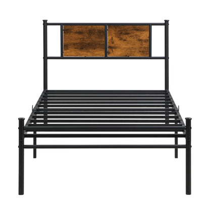 Modern Twin Long Size Metal Bedframe With Wood Panel Headboard - Black / Brown