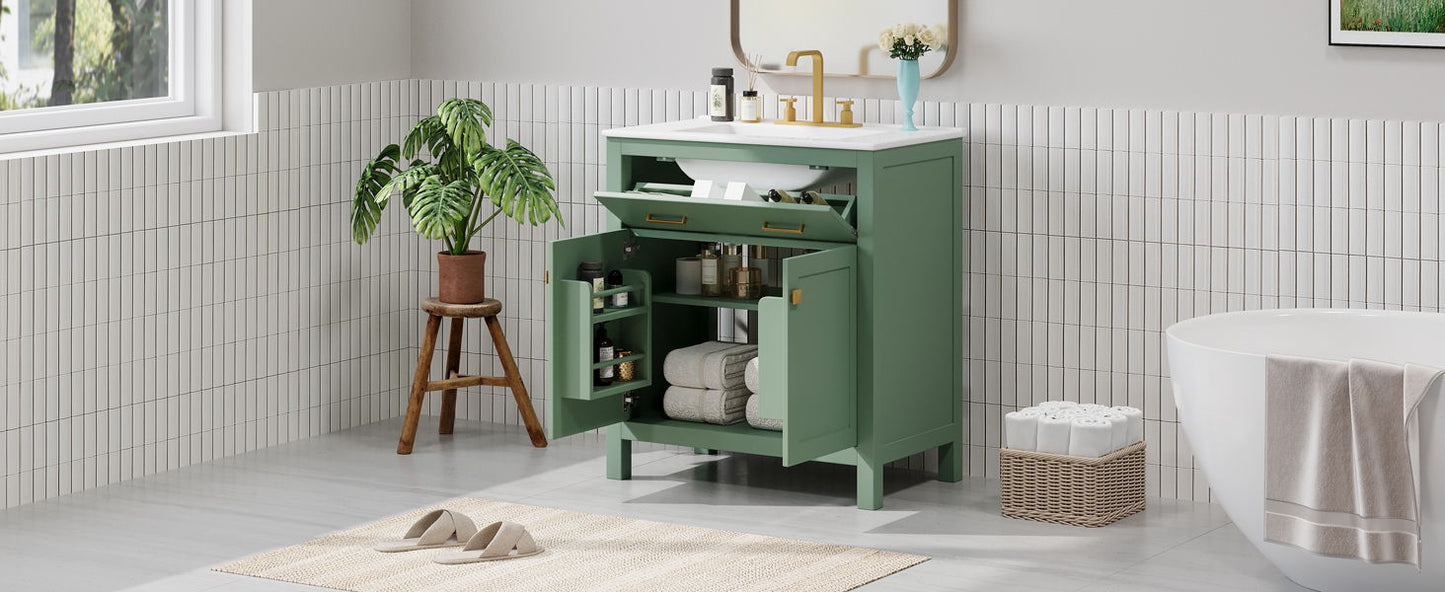Bathroom Vanity With Ceramic Sink, Modern Single Bathroom Cabinet With 2 Doors And A Shelf, Soft Close Doors - Green