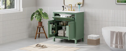 Bathroom Vanity With Ceramic Sink, Modern Single Bathroom Cabinet With 2 Doors And A Shelf, Soft Close Doors - Green