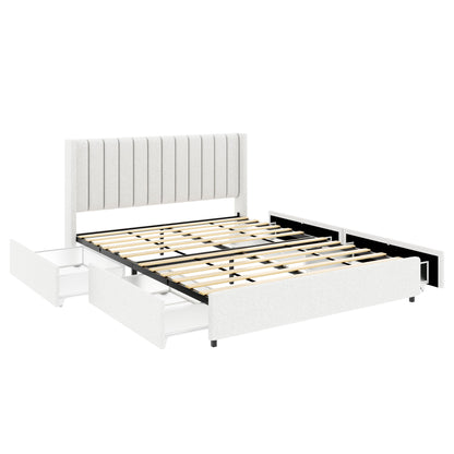 Anda - Queen Boucle Upholstered Platform Bed With Patented 4 Drawers Storage - Ivory