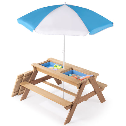 3-In-1 Kids Outdoor Wooden Picnic Table With Umbrella, Convertible Sand & Water, ASTM & CPSIA Certification - Natural Wood