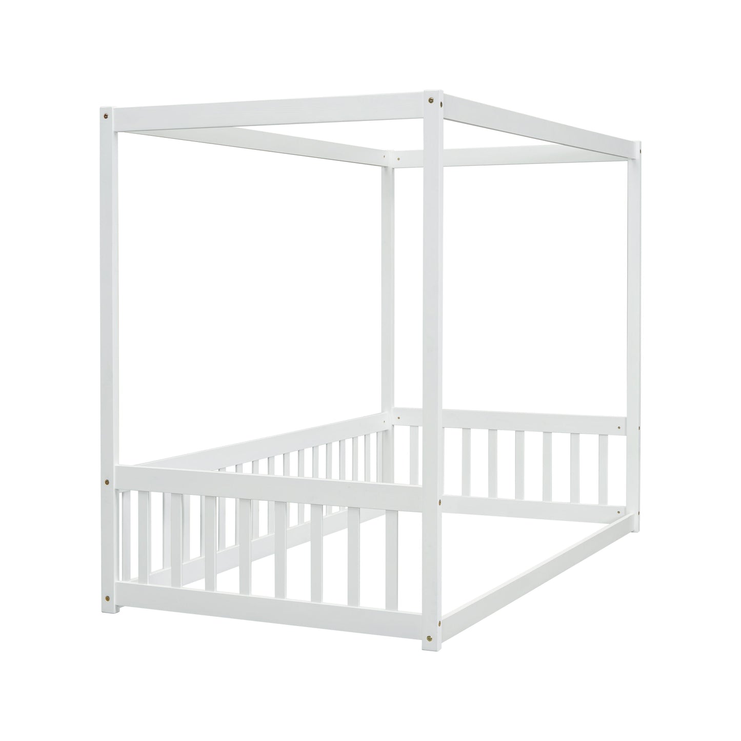 Twin Size Canopy Frame Floor Bed With Fence, Guardrails - White