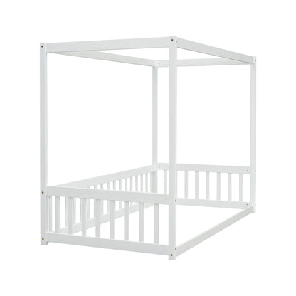Twin Size Canopy Frame Floor Bed With Fence, Guardrails - White