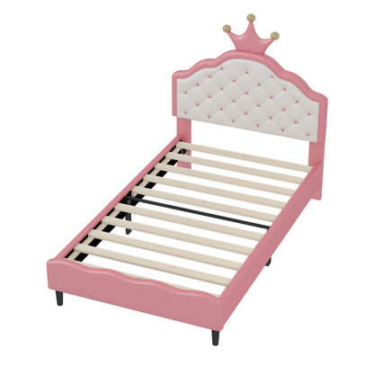 Twin Size Lovely Crown Fantasy Leather Princess Bed With Tufted Headboard - Pink / Cream