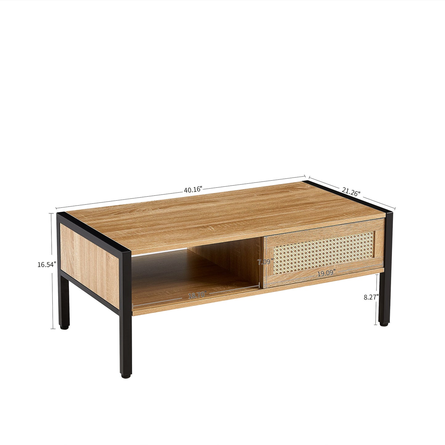 40.16" Rattan Coffee Table, Sliding Door For Storage, Metal Legs, Modern Table For Living Room - Natural