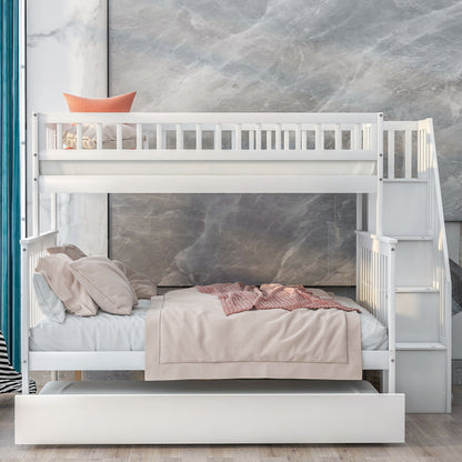 Twin Over Full Bunk Bed With Trundle And Staircase - White