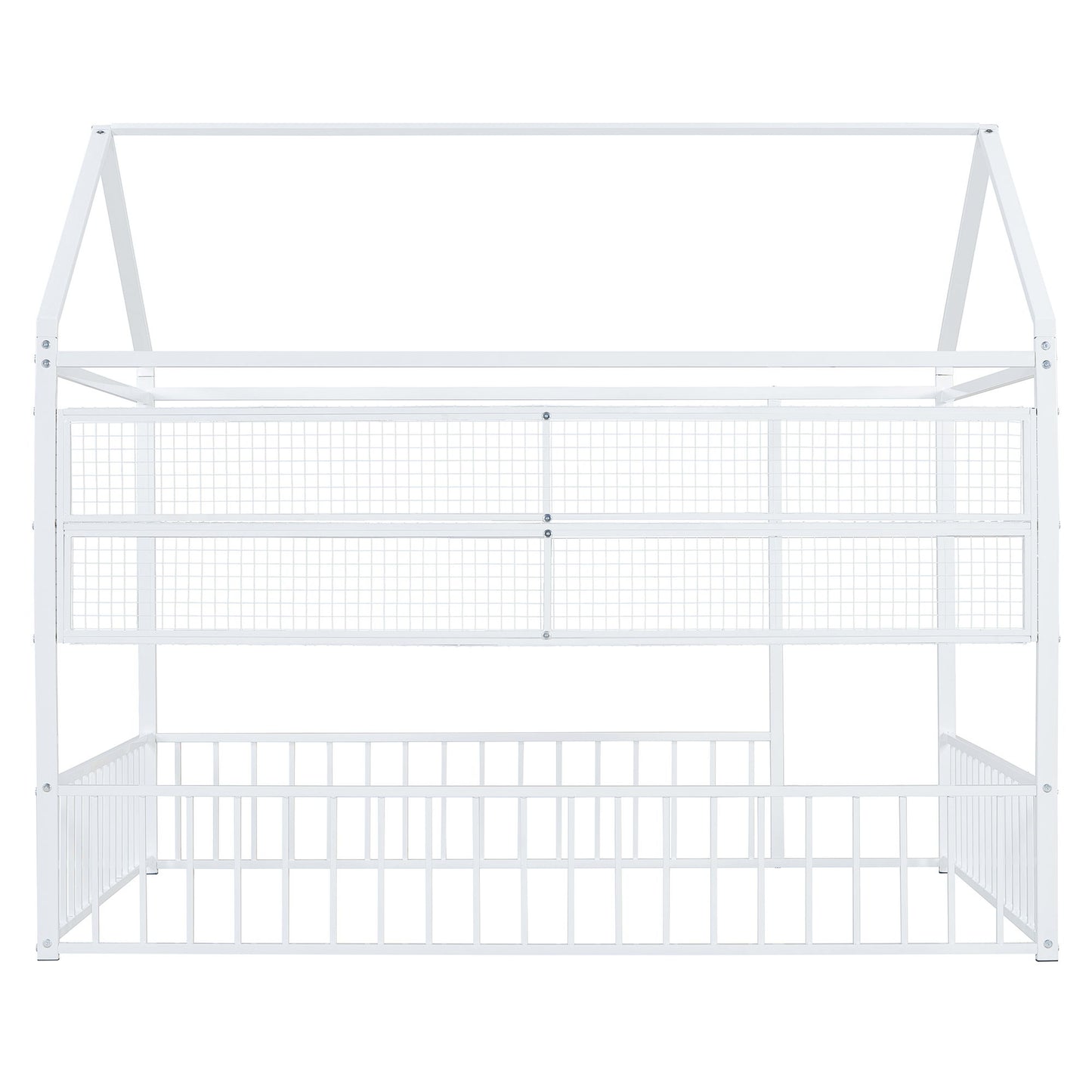 Full Size Bed House Frame With Fence And Shelves - White