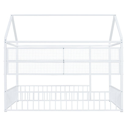 Full Size Bed House Frame With Fence And Shelves - White