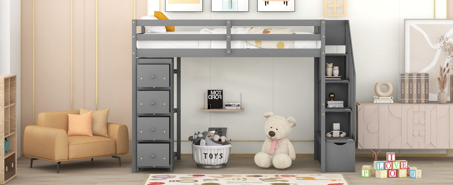 Twin Size Loft Bed With Storage Drawers And Stairs With Shelves - Gray