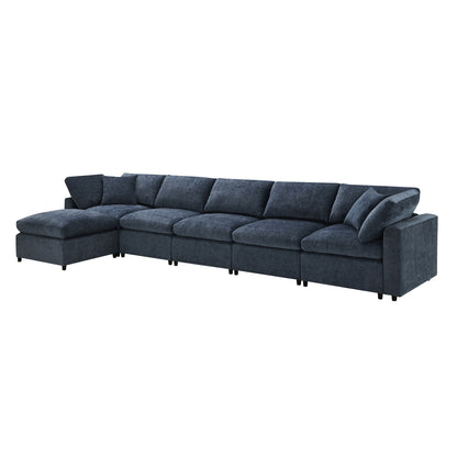 Modern Modular Cloud Sofa Bed, 6 Seat Chenille Sectional Couch Set With Ottoman, Free Combination, Convertible U Shaped Sleeper Sofa - Dark Blue